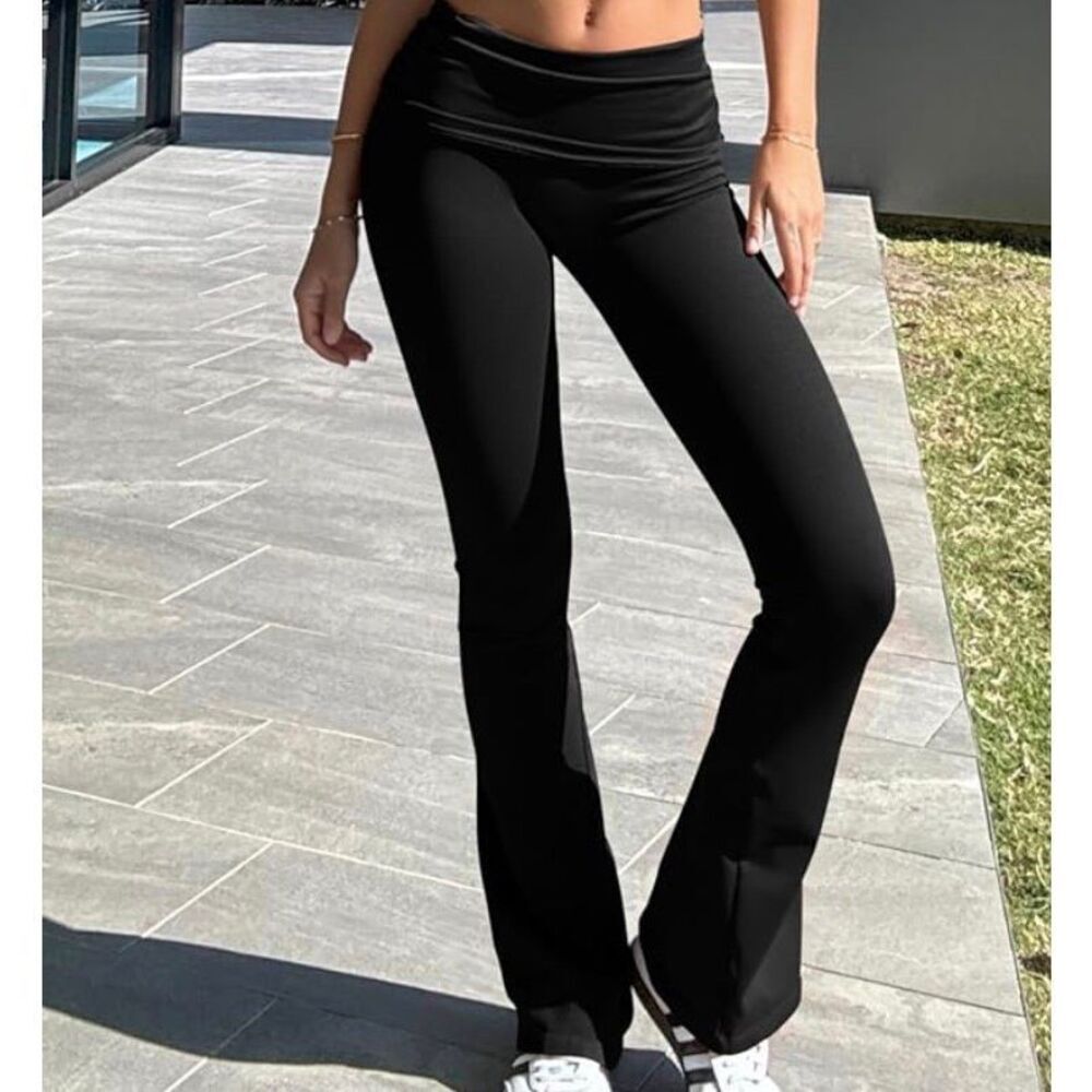 OQQ by Amazon Stretch Foldover Black Flare Ruched Leggings - US Women’s Size M